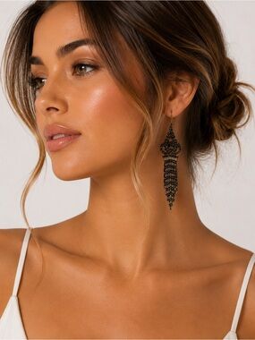 Black Crystal Chain Fringe Earrings Dramatic Evening Goth Glam